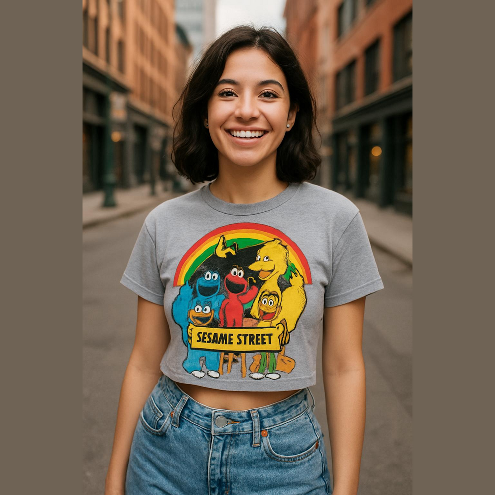 Cropped Sesame Street Gray Tee with Colorful Rainbow & Characters